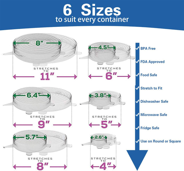 Silicone Stretch Lids, Durable & Eco-Friendly Elastic Lids Reusable Heat Resistant Various Sizes Cover for Bowl(White-6P
