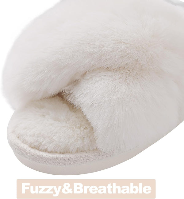 Evshine Memory Foam Fuzzy House Slippers for Women | Faux Fur Cross Band Open Toe Indoor Slippers, Gifts for Women, Moms and Bridesmaids 8 White