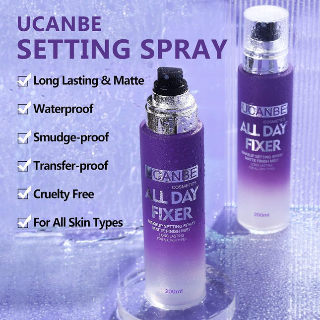 Long Lasting Makeup Setting Spray Kit- 6.76 Fl oz Hydrating Matte Finish Mist Lightweight Face Make up Fixer +Travel Size Spray Bottle+Sponge Puff