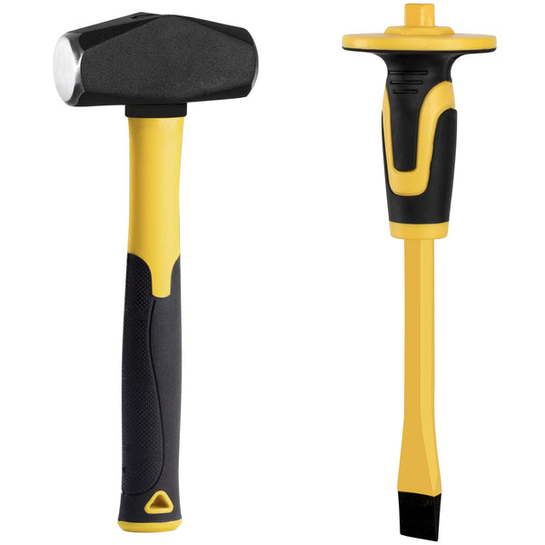 KURUI 3Lb Sledge Hammer & Flat Chisel with Hand Protection for Tile/Rock/Masonry/Concrete/Brick/Rockhounding, Mason Flat Head Chisel & Small