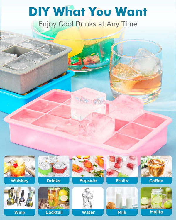 2 Pack Ice Cube Trays, ZDPMK Silicone Easy Release Flexible Molds 15 Ice Cubes Tray for Freezer，Cocktail，Whiskey，Reusable & BPA Free Blue