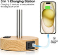 Fenmzee Bedside Table Lamp for Bedroom - 3 Way Dimmable Touch Lamp USB C Charging Ports and AC Outlet, Small Lamp Wood Base Round Flaxen Fabric