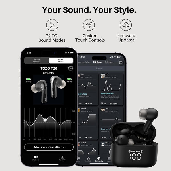 TOZO T20 Wireless Earbuds Bluetooth Headphones 48.5 Hrs Playtime with LED Digital Display, IPX8 Waterproof, Dual Mic Call Noise Cancelling 10Mm