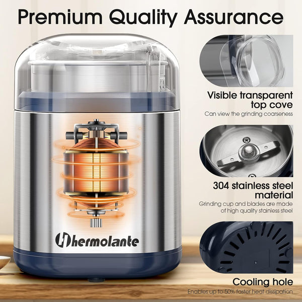 Hermolante Herb Grinder Spice Grinder, 200 w Herb Grinder with Stainless Steel Blade and Cleaning Brush, Compact Size Electric Grinder for Herbs
