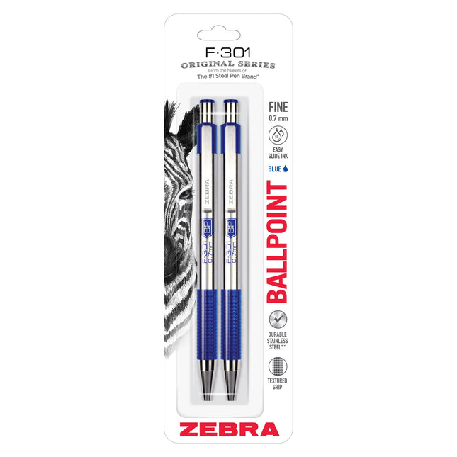 Zebra Pen F-301 STEEL Retractable Ballpoint Pen, Blue Ink, 0.7mm, 2-Pack Blue A