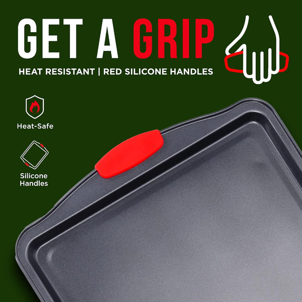 Baking Pan Set – 3 Piece Cookie Sheet – Deluxe Black Non-Stick Carbon Steel – Silicone Handles – Commercial Grade Restaurant Quality – PFOA PFOS