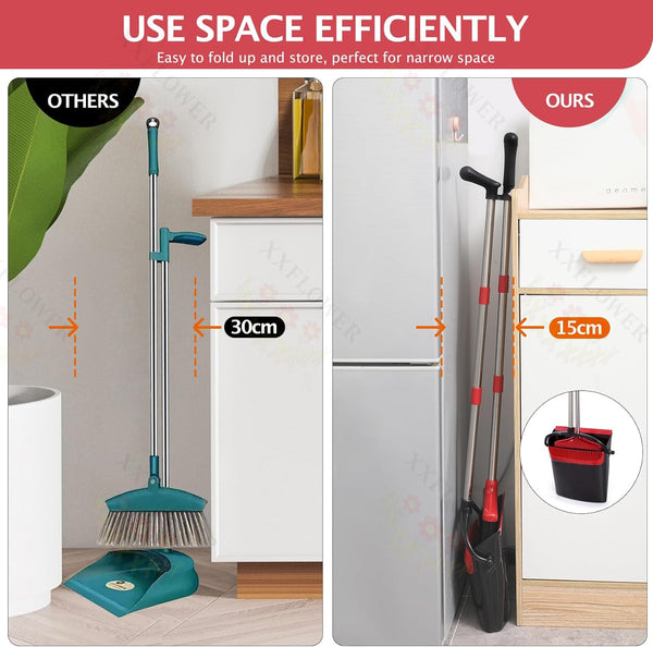 Broom and Dustpan Set with Long Handle, Light Weight Stainless Steel Poles Stand Upright Dustpans with Broom Combo for Home Kitchen Office Pet Dog