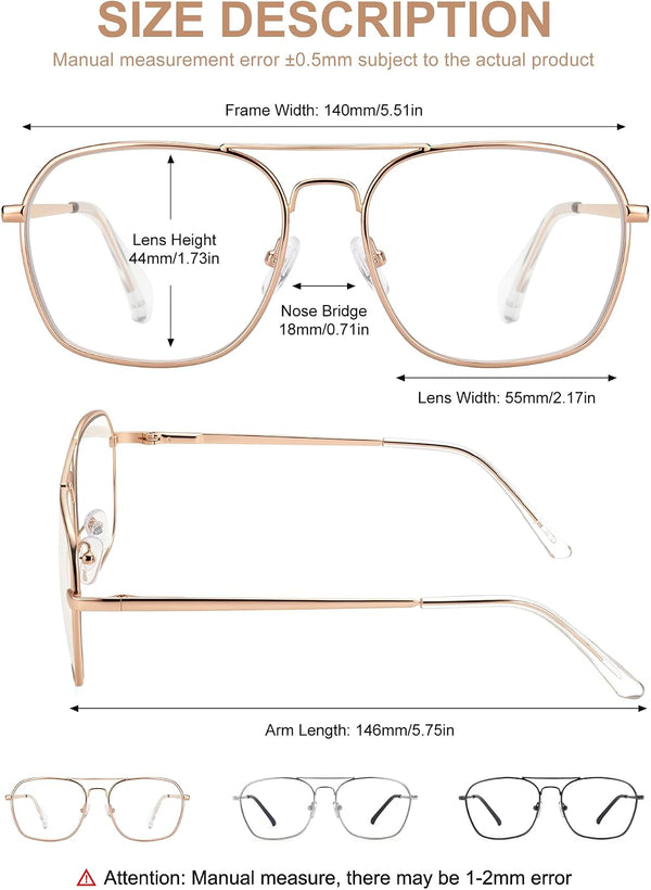 JM Aviator Blue Light Blocking Computer Glasses, Square Eye Protect Video Eyeglasses Anti Glare Men Women Gold Frame Clear Temple Tips Clear