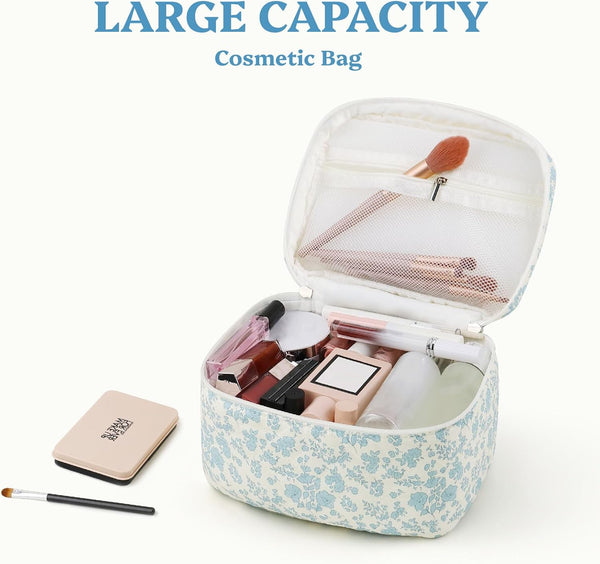 Prite Quilted Makeup Bag Travel Toiletry Organizer for Women (Blue Flower)
