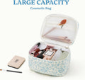 Prite Quilted Makeup Bag Travel Toiletry Organizer for Women (Blue Flower)