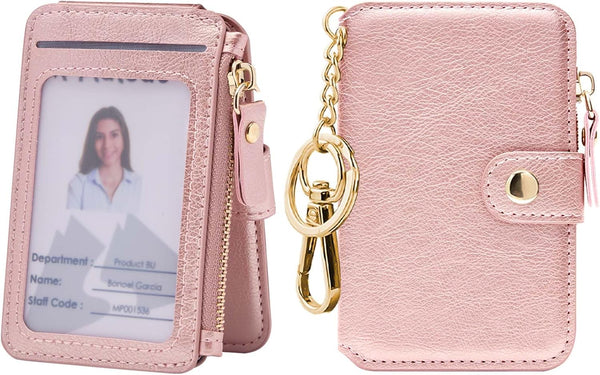 Keychain wallet, Rfid Blocking Credit Card Holder Leather, Zipper Card Case for Women Pink