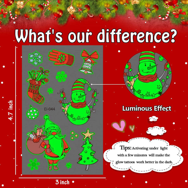 Christmas Temporary Tattoos Stocking Stuffers for Kids Boys Girls, Glow in the Night Dark Kids Tattoos, Christmas Party Favors Supplies
