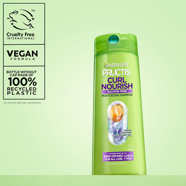Garnier Fructis Curl Nourish Moisturizing Shampoo for Curly Hair, Plant Protein and Coconut Oil Formula, Up to 48HR of Curl Definition, Sulfate