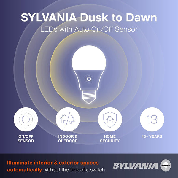 Sylvania Dusk to Dawn A19 LED Light Bulb with Auto On/Off Light Sensor, 60W=9W, 800 Lumens, 2700K, Soft White - 1 Pack (41288) Soft White A19 1 Pack