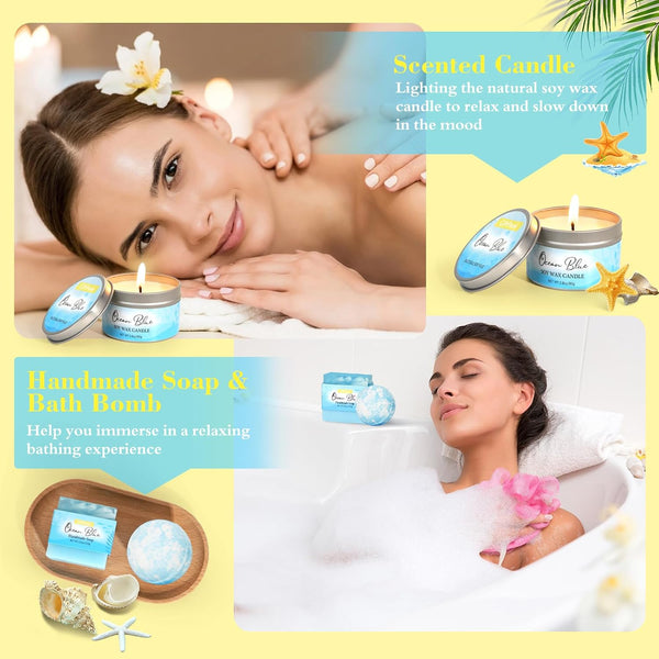Birthday Gifts for Women, Ocean Scented Relaxing Spa Gift Baskets for Women Mom Her Wife Sister Friends Coworker Employee, Self Care Bath and Body