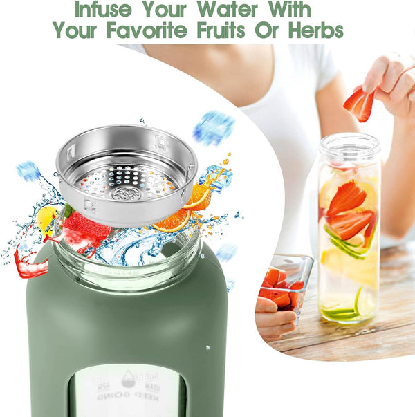 SipZest 32 oz Glass Water Bottle with Straw - Motivational Time Marker & Silicone Sleeve - Reusable Tumbler Includes 2 Bamboo Lids & Fruit Infuser