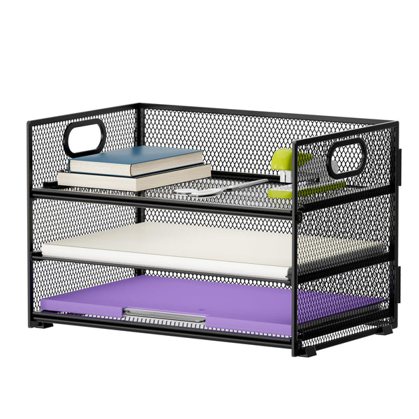 Marbrasse 3 Tier Paper Organizer Letter Tray, Mesh File Organizer with Handle, Paper Sorter Desk Organizer for Home Office Supplies