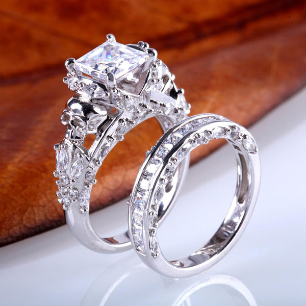 Jeulia Skull Engagement Ring Sets Sterling Silver Promise Eternity Band Rings Diamond Princess Cut with Cubic Zirconia Wedding Engagement