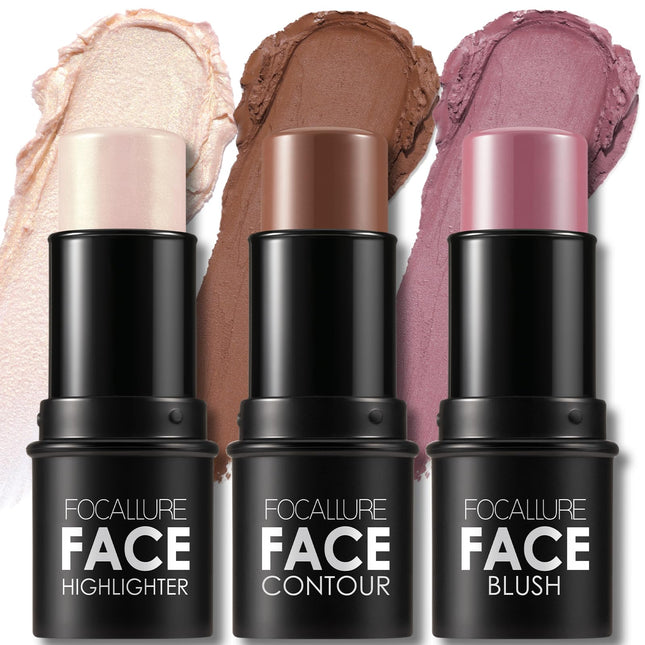 FOCALLURE 3 Pcs Cream Contour Sticks,Shades with Highlighter & Bronzer & Blush,Non-greasy Long-wear Face Contouring Pen,