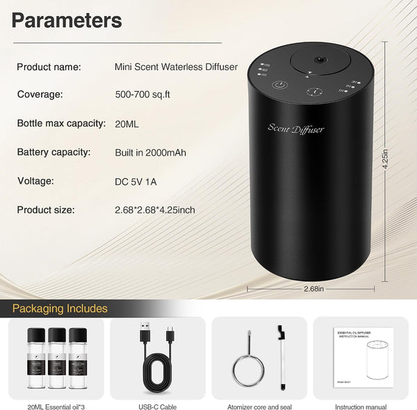 Waterless Essential Oil Diffuser Starter Kit - No Water Needed, Battery Operated Mini Scent Air Machine, Included 3X20Ml Essential Oils, Portable