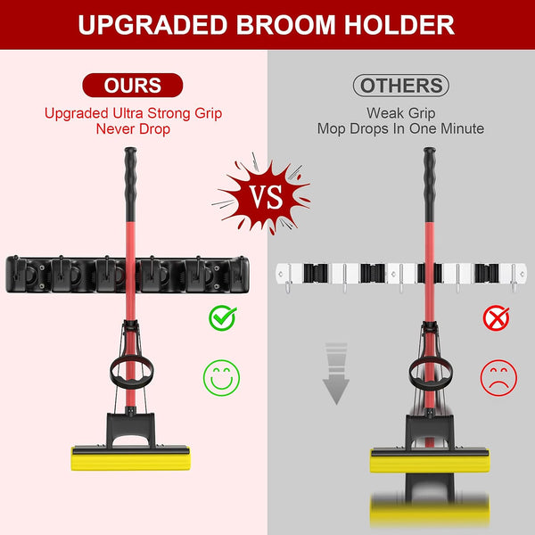 LETMY Broom Holder Wall Mount - Mop and Broom Hanger Holder - Garage Storage Rack & Garden Tool Organizer - 5 Position 6 Hooks Broom Rack for