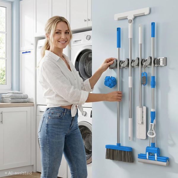 Holikme Mop Broom Holder Wall Mount Metal Pantry Organization and Storage Garden Kitchen Tool Organizer Wall Hanger for Home Goods (4 Positions