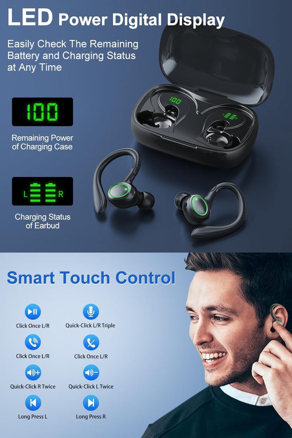 Wireless Earbuds, 60H Playback Bluetooth 5.3 Headphones,Noise Cancelling Wireless Headphones with LED Battery Display, Mics Clear Call, IPX7