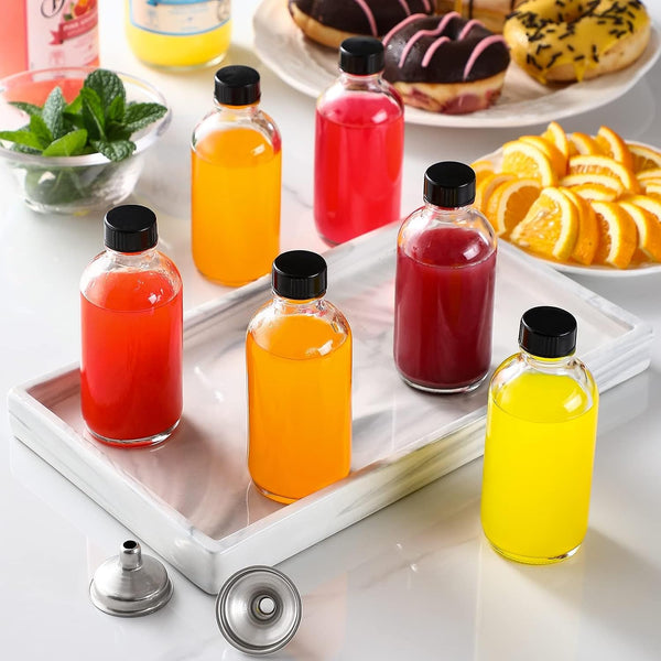 10 Pack, 4 oz Small Clear Glass Bottles w/Lids & 3 Stainless Steel Funnel - 120ml Boston Round Sample Bottle for Potion, Juice, Ginger Shot,