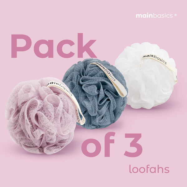 Mainbasics Bath Shower Loofah Sponge Pouf Body Scrubber Exfoliator Body Wash Sponge (Set of 3, Airy Blossom)