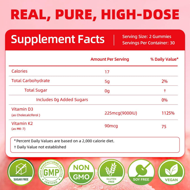 D3 K2 Vitamin 9000 IU Supplement Gummies for Women Adult Muscle Teeth Immune Sup