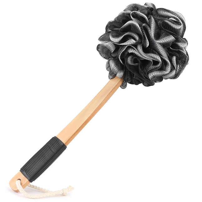 Black Loofah on a Stick PE Soft Mesh Luffa with Non-Slip Wooden Handle Made of S