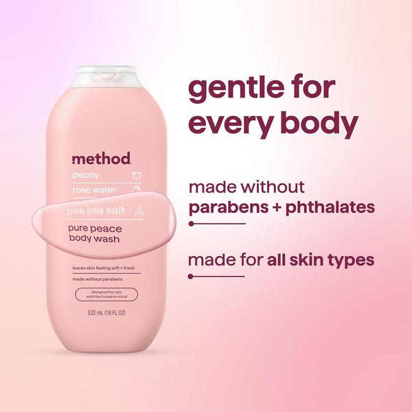 method Body Wash, Pure Peace - Leaves Skin Feeling Soft & Moisturized, Made Without Parabens, Notes of Peony, Rose Water & Pink Sea Salt, 18 fl oz