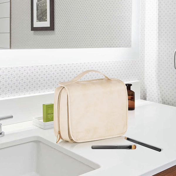 Elviros Hanging Travel Toiletry Bag for Women Vegan Leather (Beige) | 3-in-1 Waterproof Makeup Bag with Compartments for Skincare, Toiletries,