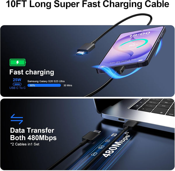 Super Fast Charger Type C, 25W USB C Wall Charger Fast Charging 10FT Cable Black 10FT
