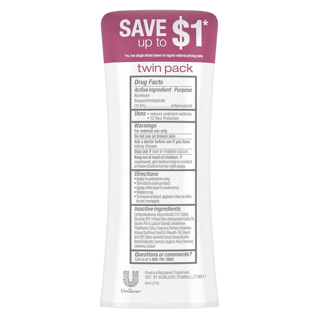Dove Advanced Care Antiperspirant Caring Coconut, 2 Count Deodorant Stick for Women, for 48 Hour Protection And Soft And