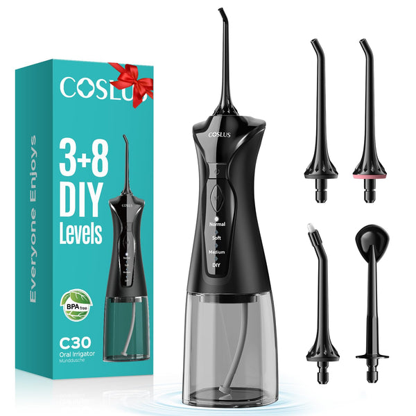 COSLUS C30 Water Dental Flosser Pick for Teeth: 4 Modes Cordless Portable 300ML Larger Tank Water Teeth Cleaner IPX7 Waterproof Flossing Cleaning