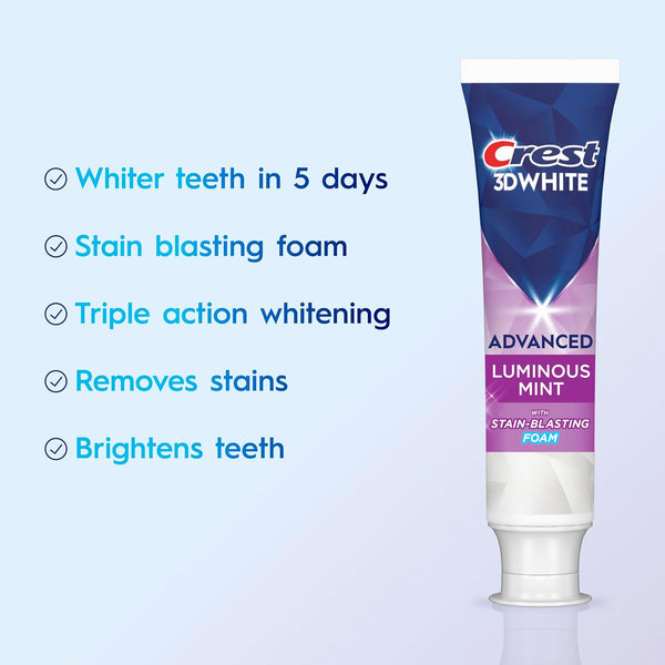 Crest 3D White Advanced, Teeth Whitening Toothpaste for Adults, 3.7 oz, 4 Pack, Cavity Protection Fluoride Toothpaste, Strengthens Enamel, Travel