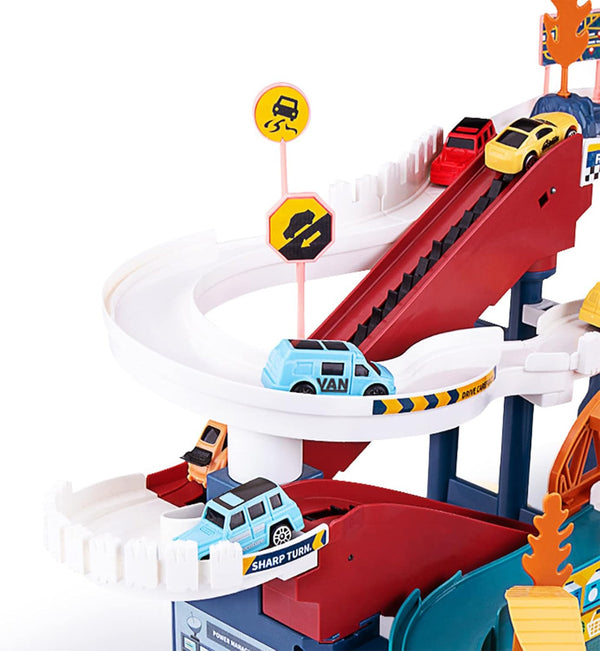 Toy Car Ramp Track Dinosaur Climbing Hills Railcar Colorful Vehicles Construction Play Set with 12 Mini Racer Cars and Track for Preschool Gifts