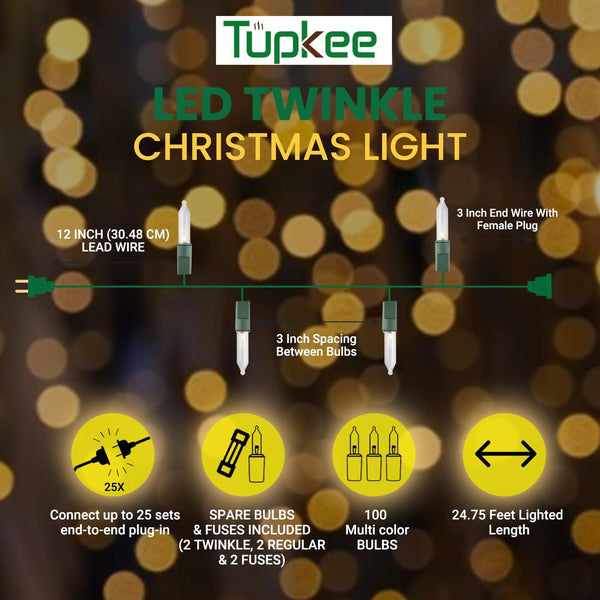 Christmas LED Random Twinkle Lights - 16 of 100 Bulbs Twinkle - LED Warm White Christmas Tree Lights - Indoor Outdoor – 24.75 Feet Light String,