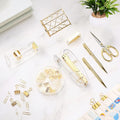 Famassi Gold Desk Accessories，Office Supplies Set Acrylic Stapler Set Staple Remover, Tape/Pen Holder, 2 Ballpoint Pen, Scissor, Binder/Paper