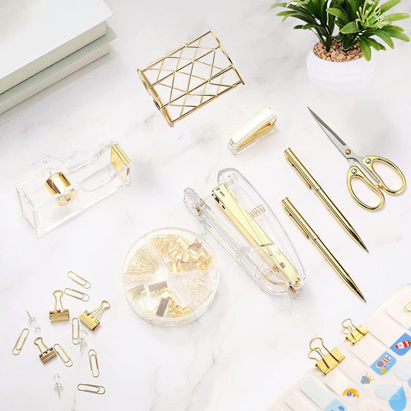 Famassi Gold Desk Accessories，Office Supplies Set Acrylic Stapler Set Staple Remover, Tape/Pen Holder, 2 Ballpoint Pen, Scissor, Binder/Paper