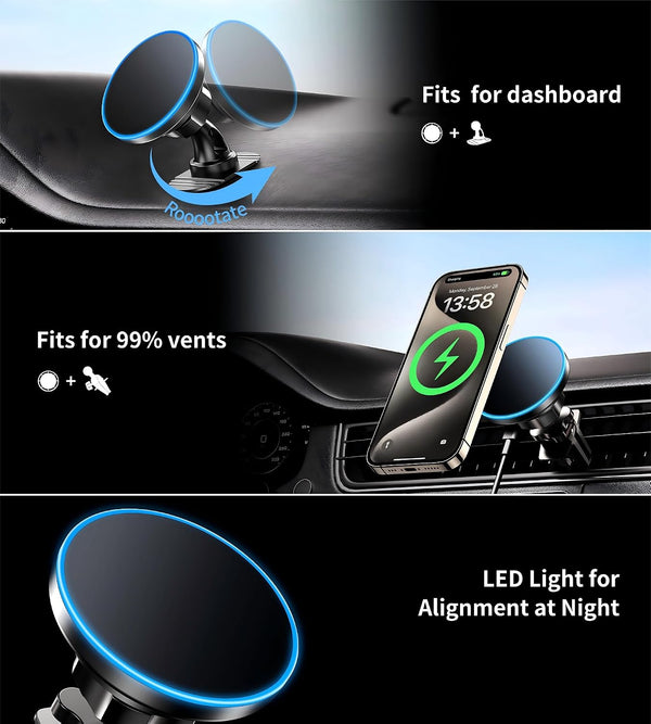 BHHB for iPhone 17 Magsafe Car Mount Charger, [2026 New] 15W 2in1 Magnetic Wireless Car Charger, fits for Magsafe Car Charger, Vent/Dashboard