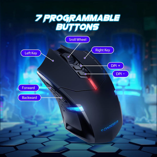T-DAGGER Wireless Gaming Mouse- USB Cordless PC Accessories Computer Mice with LED Backlit, Ergonomic Gamer Laptop Mouse with 7 Silent Buttons, 5