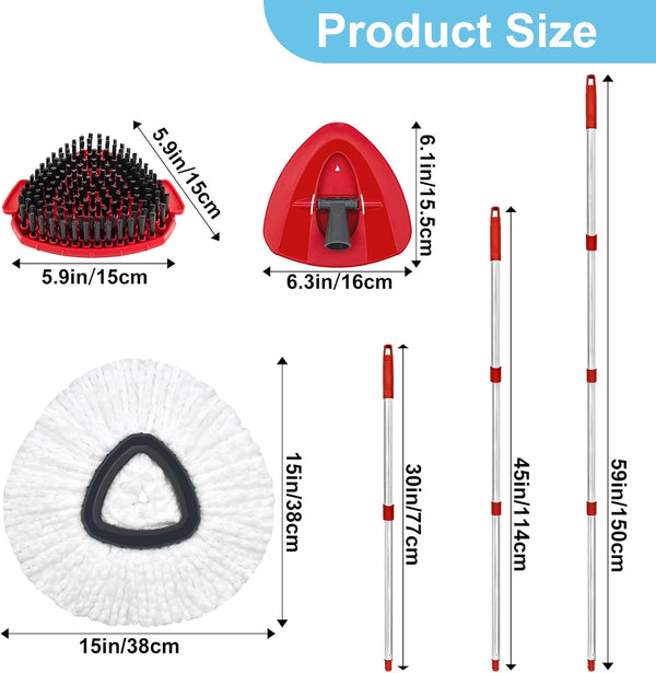 Spin Mop Head, Mop Replacement Handle,Brush,Base Compatible with O Cedar 1 Tank,2 Microfiber Mop Refills,1 Triangle Base,1 Brush and 30-58" Mop