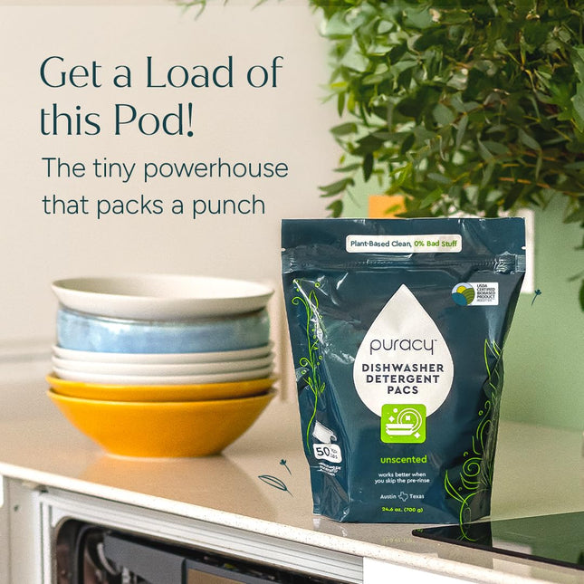 Puracy Dishwasher Pods, Natural Dishwasher Detergent, Free & Clear Dish Tabs - Enzyme-Powered, Spot & Residue Free - Tik
