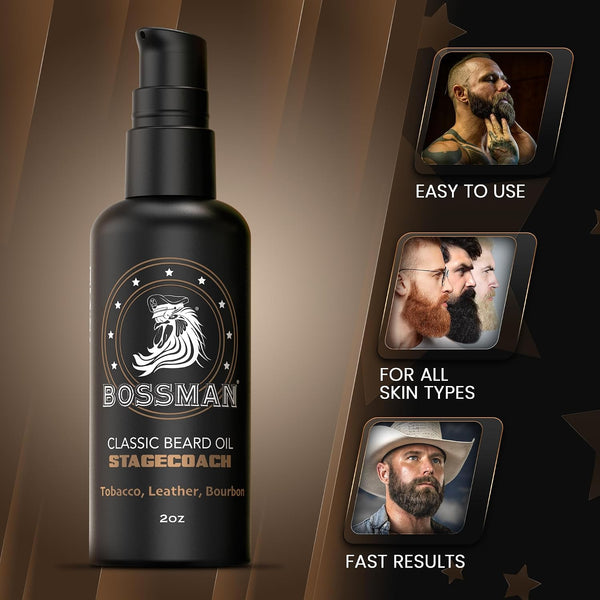 Bossman Organic Mustache & Beard Oil for Men, 2 oz – Natural Beard Moisturizer with Jojoba, Argan & Avocado Oils (Stagecoach Scent)