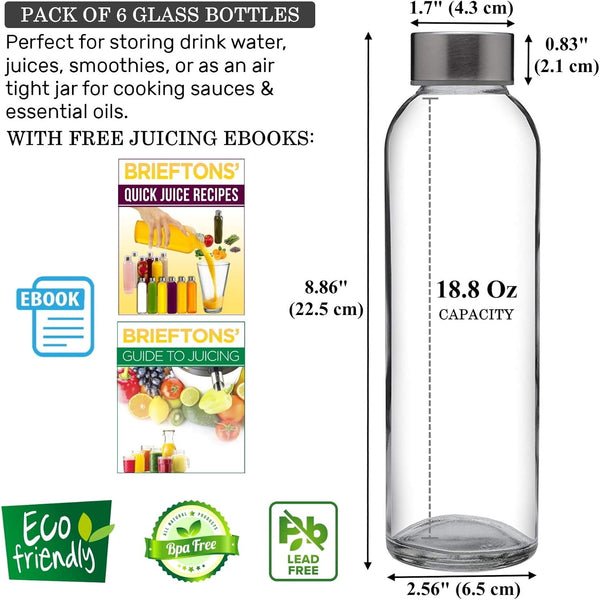 Brieftons Borosilicate Glass Water Bottles with Caps: Clear, 6 Pack, 18 Oz, Heat Resistant, Slim, Easy to Store, Leakproof Lids, Best as Reusable