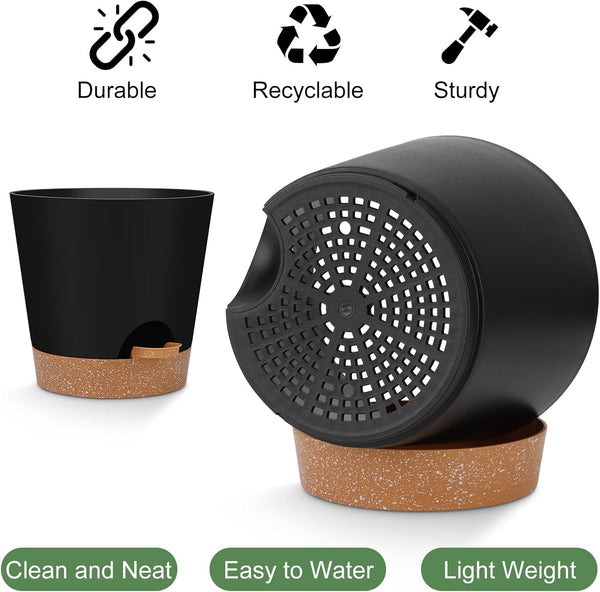YNNICO Indoor Self Watering Planters with Drainage Holes and Saucers, 8, 7, 6.5, 6, 5.5, 5 Inches, Black, 6 Pots 8+7+6.5+6+5.5+5 inch Black