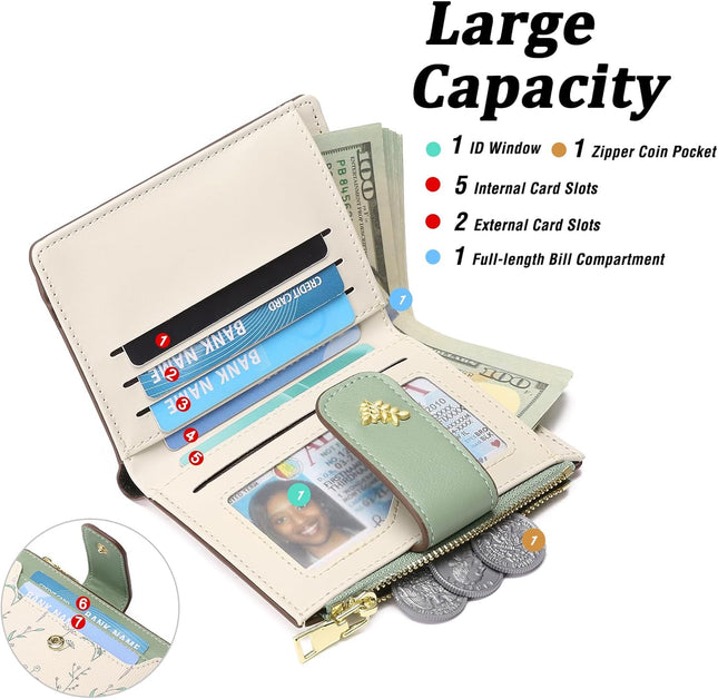 GAEKEAO Small Wallets for Women RFID Blocking Leather Bifold Zipper Pocket Wallet Credit Card Holder with ID Window A-Gr