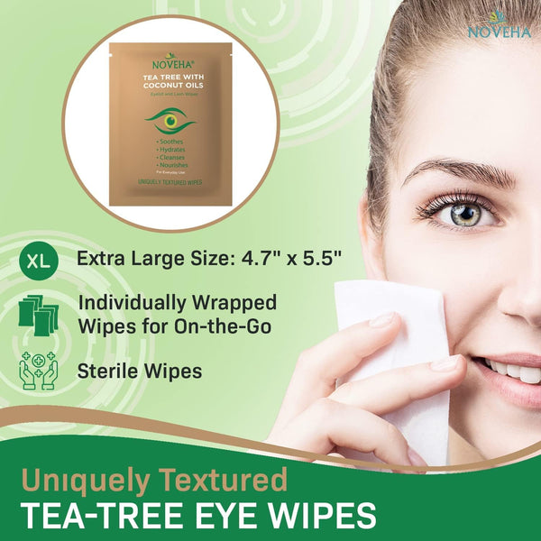 NOVEHA Tea Tree & Coconut Oil Eyelid & Lash Wipes | for Demodex, Blepharitis & Itchy Eyes, Box of 60 Individually Wrapped Eyelash Wipes with Aloe